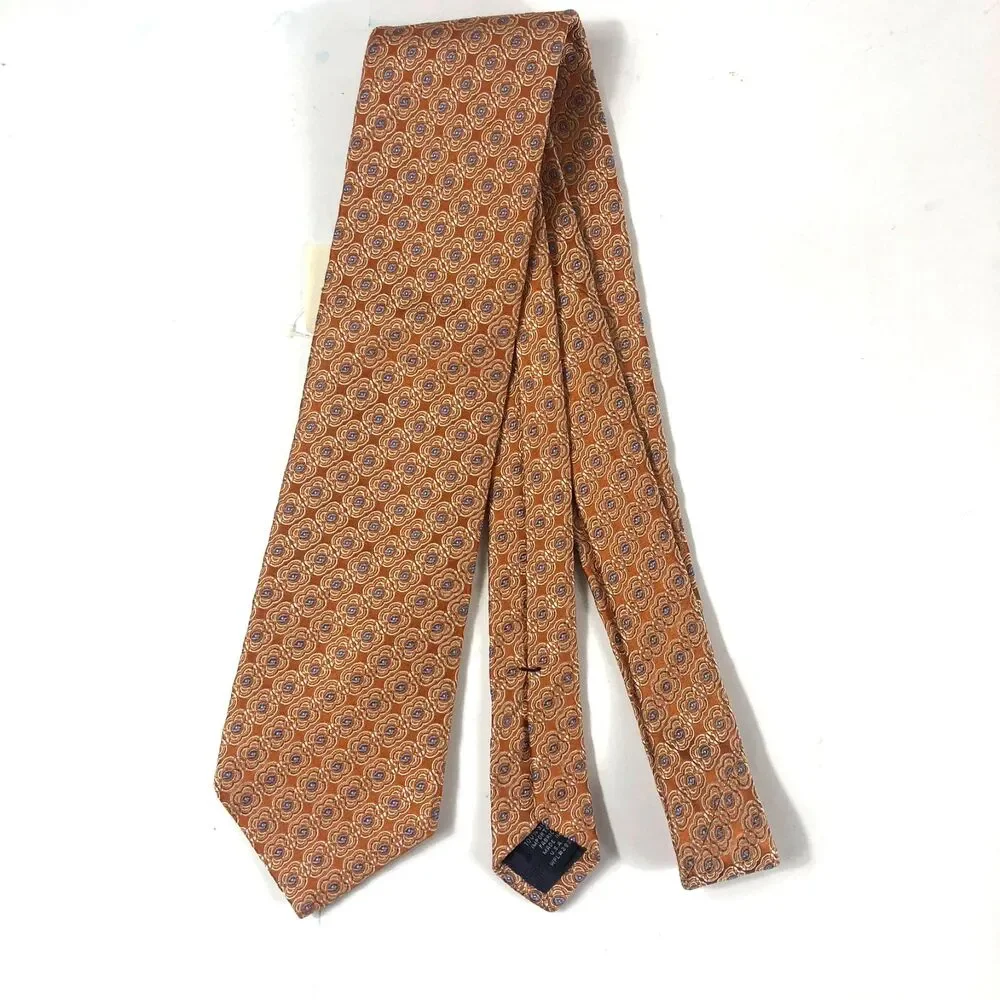 Vtg Hart Schaffner Marx Parisian Tie Orange Geometric Blue Medallion 100% Silk